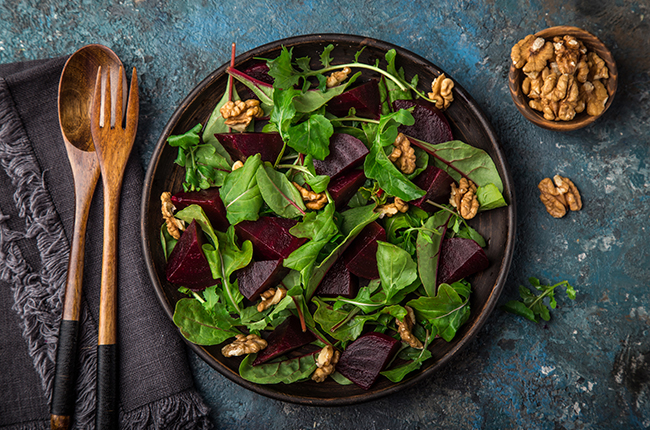 beetroot, arugula, chard and walnut salad